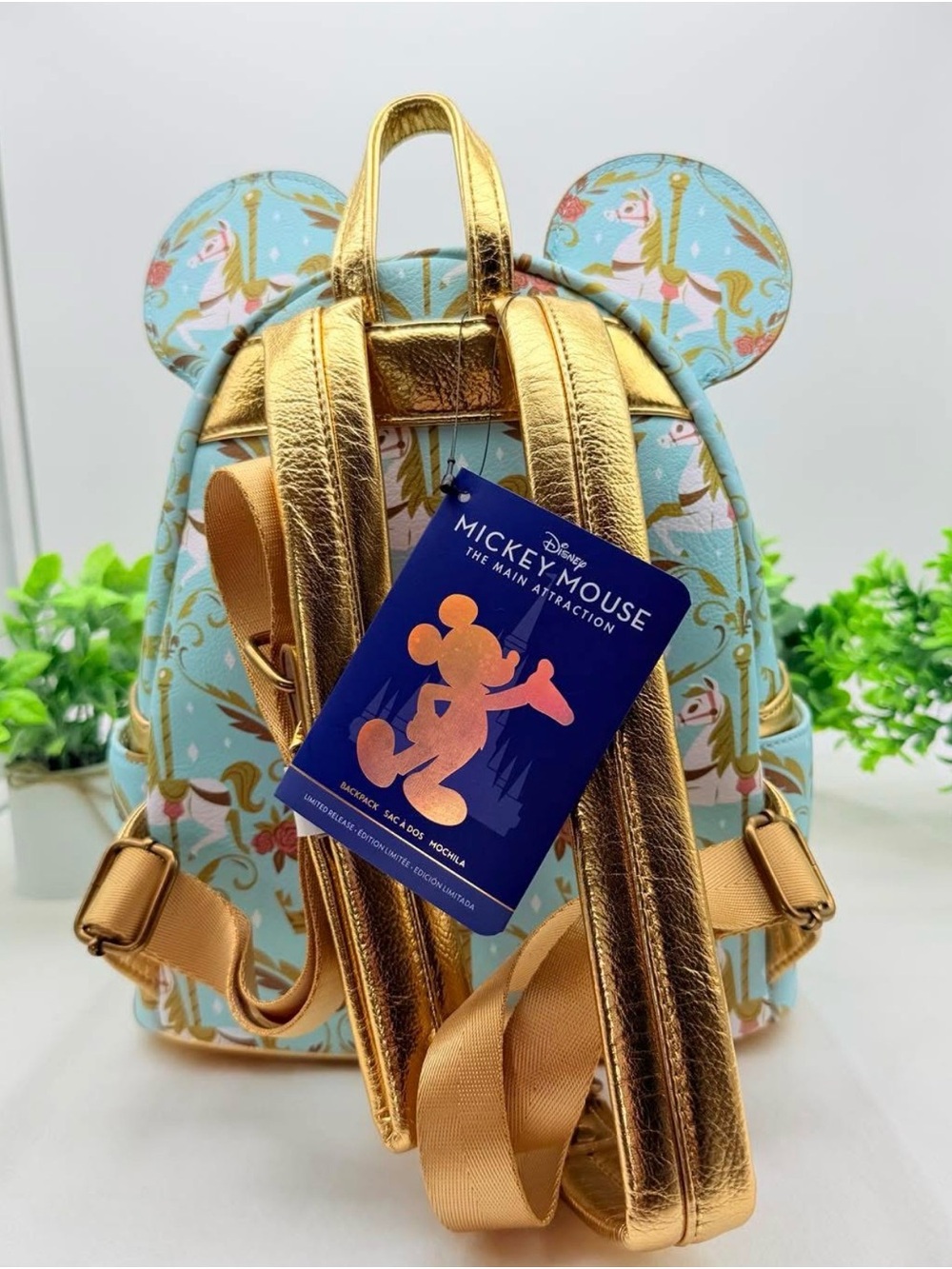 Loungefly Aqua Carousel Mouse Ear Mini Backpack with Gold Accents - Picture 3 of 10
